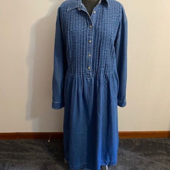 British Khaki Denim Pleated drop waist maxi dress, size 16 - Picture 1 of 5
